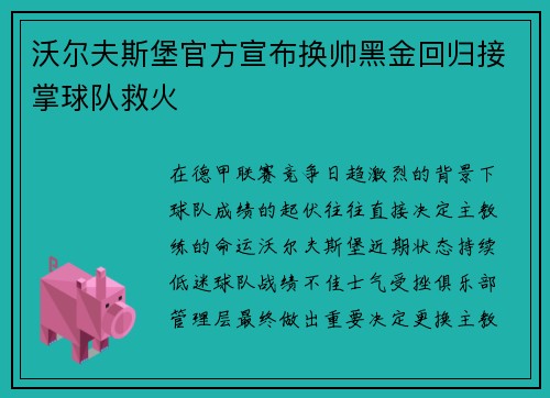 沃尔夫斯堡官方宣布换帅黑金回归接掌球队救火 沃尔夫斯堡官方宣布换帅黑金回归接掌球队救火