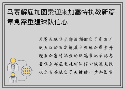 马赛解雇加图索迎来加塞特执教新篇章急需重建球队信心 马赛解雇加图索迎来加塞特执教新篇章急需重建球队信心